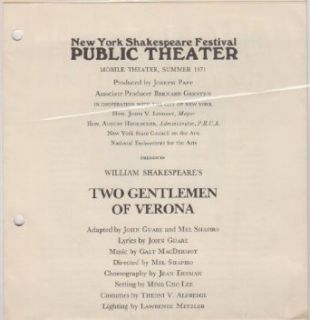 Two Gentlemen of Verona Playbill 1971 New York Shakespeare Festival Public Theater: William Shakespeare: Entertainment Collectibles