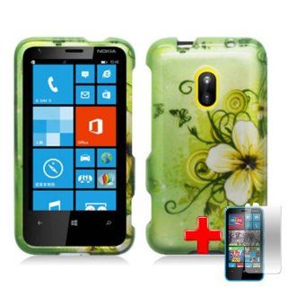 Nokia Lumia 620 (AIO Wireless) 2 Piece Snap On Glossy Hard Plastic Image Case Cover, White Flower Black Swirls and Butterflys Green Cover + LCD Clear Screen Saver Protector: Cell Phones & Accessories