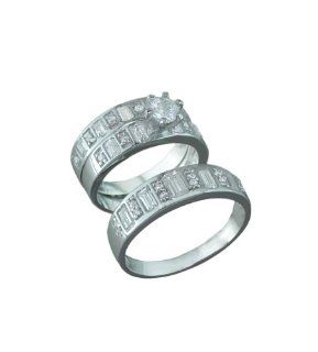 .925 Sterling Silver Emerald Cut Diamond CZ Trio Wedding Band: Rings: Jewelry