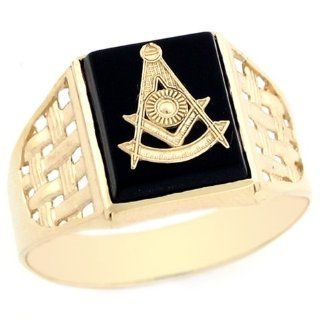10k Real Yellow Gold Past Master Freemason Masonic Onyx Mens Ring: Jewelry