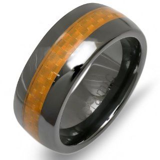 Black Ceramic Men's Ladies Unisex Ring Wedding Band 8MM Dome Shaped Polished Shiny Yellow Carbon Fiber Inlay Comfort Fit (Available in Sizes 8 to 12): Black And Yellow Mens Wedding Bands: Jewelry