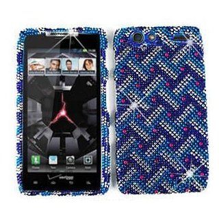Motorola Droid RAZR XT912 XT 912 Cell Phone Full Crystals Diamonds Bling Protective Case Cover Blue with White Weave Pattern Red Gemstones Design (Free by ellie e. Wristband) Cell Phones & Accessories