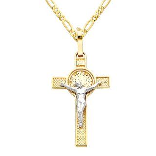 14K Yellow and White 2 Two Tone Gold Jesus Cross Religious Charm Pendant with Yellow Gold 2mm Figaro Chain Necklace with Lobster Claw Clasp   Pendant Necklace Combination (Different Chain Lengths Available) Goldenmine Jewelry