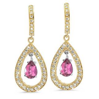 Pear Shaped Diamond Earrings In 18K White Gold With A 0.60 ct. Genuine Pink Tourmaline Center Stone.: CleverEve: Jewelry