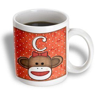 3dRose Cute Sock Monkey Girl Initial Letter C Ceramic Mug, 15 Ounce: Kitchen & Dining