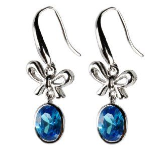 Rose Princess 925s Bow with Oval Shaped Created Blue Topaz Drop Earring: Jewelry