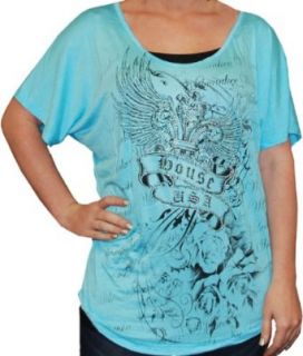 The House Milwaukee USA Women's Short Sleeve Winged Fleur de lis Scoop Neck T Shirt From The House, Milwaukee. Loose Fit. Custom Graphics Front and Back. Black, White, or Aqua. Made in USA. C7836: Clothing