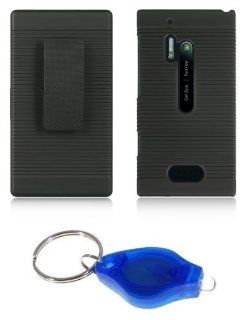Black Rugged Slim Case + Belt Clip Kickstand Holster + Atom LED Keychain Light for Nokia Lumia 928 (Verizon): Cell Phones & Accessories