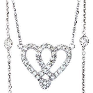 14K White Gold .92 Ct Diamond Double Heart Pendant Diamond By the Yard Necklace: Jewelry