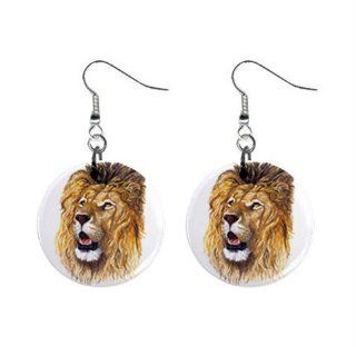 Lion Face Button Dangle Earrings Wild Animal Jewelry 13019944: Jewelry