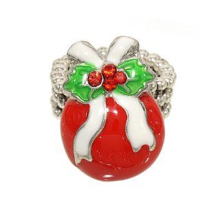 Silvertone Red, Green and White Christmas Ornament Beaded Stretch Fashion Ring: Jewelry