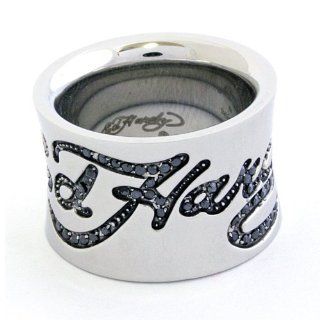 Ed Hardy Logo Men's Band Ring W/ Black Cz Stone: Jewelry