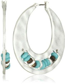 Kenneth Cole New York "Urban Seychelle" Turquoise Color and Brown Bead Inlayed Silver Hoop Earrings: Jewelry