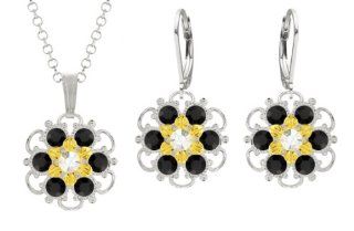 Marvelous Jewelry Set: Pendant and Earrings by Lucia Costin with 6 Petal Middle Flowers and Dots, Garnished with Twisted Lines and White and Black Swarovski Crystals; .925 Sterling Silver with 24K Yellow Gold over .925 Sterling Silver: Lucia Costin: Jewelr