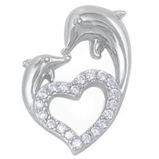 Cz Dolphins Heart .925 Sterling Silver Pendant Jewelry