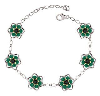 Gorgeous Bracelet by Lucia Costin Made of .925 Sterling Silver with Twisted Lines, Black, Green Swarovski Crystals, and 24K Yellow Gold over .925 Sterling Silver Central Flowers; Handmade in USA: Lucia Costin: Jewelry