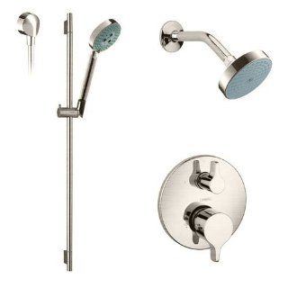Hansgrohe HG T211820 Brushed Nickel S S/E Series Thermostatic Shower System with Multi Function Shower Head, Hand Shower, Slide Bar and Valve Trim, Rough In Included HG T211   Showerheads  