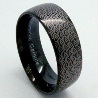 10mm Black Tungsten Carbide Band with Laser Etched Wave Design Wedding Band (Ltd Quantity) Size 9: Jewelry