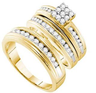 1.00 Carat (ctw) 14K Yellow Gold Round White Diamond Men & Women's Cluster Engagement Ring Bridal Trio Set 1 CT: Jewelry