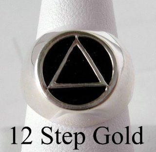 Alcoholics Anonymous AA Symbol Circle Triangle Men's Ring, Black Enamel Inlay, #951, $40 $50, Sterling Silver: Jewelry