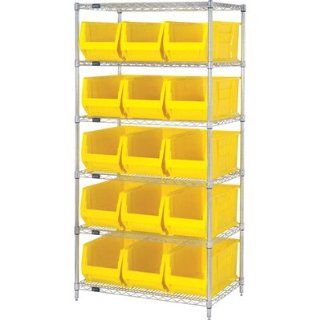 Quantum Storage Systems WR6 953YL 6 Tier Complete Wire Shelving System with 15 QUS953 Yellow Hulk Bins, Chrome Finish, 24" Width x 36" Length x 74" Height: Industrial & Scientific