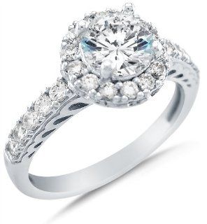 14k White Gold Cirque Halo Round Brilliant Cut Solitaire Stones Cubic Zirconia Engagement Ring: Sonia Jewels: Jewelry