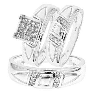 1/2 Carat T.W. Round, Princess Cut Diamond Ladies Engagement Ring, Wedding Band, Men's Wedding Band Matching Set 10K White Gold   Free Gift Box: MyTrioRings: Jewelry