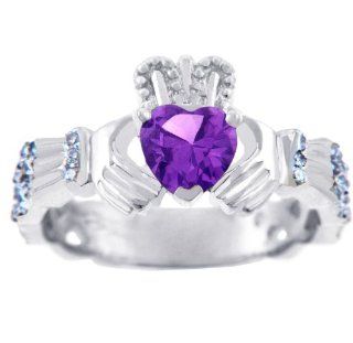 18K White Gold 0.4 Ct Diamond Claddagh Ring With Amethyst: Jewelry