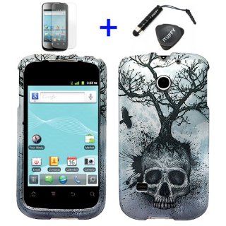 4 items Combo ITUFFY TM LCD Screen Protector Film + Mini Stylus Pen + Case Opener + Silver Blue Greyish Tree Skull Design Rubberized Snap on Hard Shell Cover Faceplate Skin Phone Case for T Mobile U8651T / Summit U8651S / Straight Talk / Cricket / Huawei 