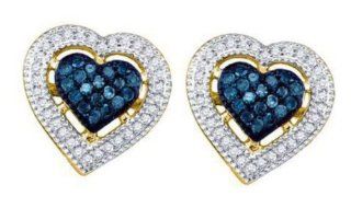 0.4 cttw 10k Yellow Gold Blue Diamond Heart Shaped Halo Earrings (Real Diamonds: 0.4 cttw): Jewelry