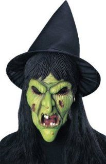PREMIUM UGLY GREEN FACE WITCH MASK WITH HAT & HAIR COSTUME: Toys & Games