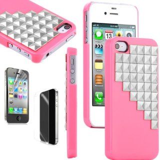 Pandamimi ULAK(TM) Luxury 3D Bling Cute Pyramid Punk Studs Hard Case Cover Skin For iPhone 4 4G 4S with Free Front and Back Screen Protector (Silver Rivet+Rose Pink): Cell Phones & Accessories
