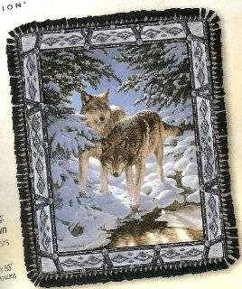 No Sew Fleece Throw Reversible Blanket Kit Christmas Holiday ~ Icy Dawn by Persis Clayton Weirs ~ Wolves in the Snowy Forest on Blue ~ Size 55" X 43"  