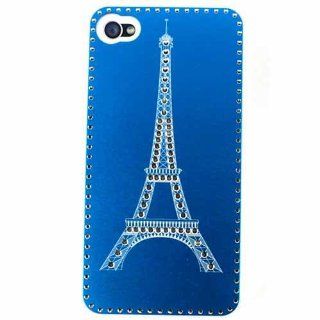 Apple iPhone 4 / 4s Novelty Case, Blue with Eiffel Tower Bling Metallic Faceplate Hard Plastic Protector Snap On Cover Case: Cell Phones & Accessories