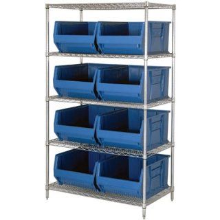 Quantum Storage Systems WR5 993BL 5 Tier Complete Wire Shelving System with 8 QUS993 Blue Hulk Bins, Chrome Finish, 36" Width x 36" Length x 86" Height: Industrial & Scientific