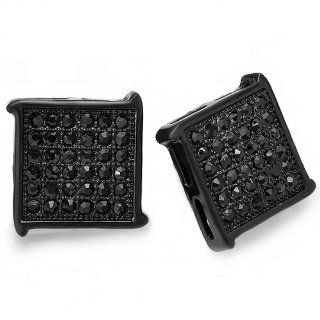 Black Stud Earrings 15 mm Fancy Square Shaped Round Cubic Zirconia Blackout Iced Pushback Post: Jewelry