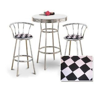 Chrome Bar Table & 2 Chrome 29" Checkered Flag Fabric Seat Barstools   Dining Room Furniture Sets