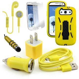 Samsung Galaxy S3 Yellow Rugged Impact Case, USB Car Charger Plug, USB Home Charger Plug, USB 2.0 Data Cable, Metallic Stylus Pen, Stereo Headset & Screen Protector (7 Items) Retail Value: $89.95: Cell Phones & Accessories