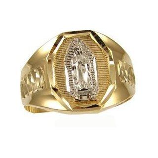 14k Yellow Gold White Rhodium, Gent Men Man Guy Oval Religious Ring Virgin Guadalupe Sparkly Cuts: Jewelry