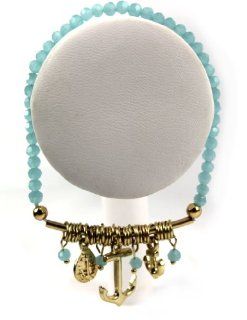 (Turquoise) Beautiful Anchor Charm Design Beaded Bracelet. Diameter: 2 1/4" Spring, Summer, Fashion: Jewelry