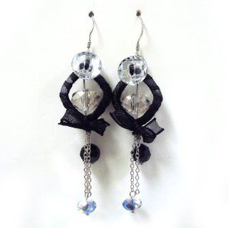 Bridal Wedding Prom Sterling 925 Handmade Earring with Button Stone and Black Ribbon Wrapped Diamond Shaped Ring and Dangling Crystals : Other Products : Everything Else