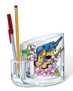 Amia Acrylic Pen Holder with Bluebird and Butterfly Design, Hand Painted Acrylic, 4 1/4 Inch by 2 1/4 Inch by 4 3/4 Inch   Pencil Holders