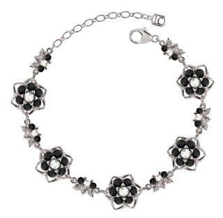 Lucia Costin Star Shaped Flower Bracelet Made of .925 Sterling Silver with White and Black Swarovski Crystals and Leaf Elements, Designed with Star Shaped Middle Flowers and Twisted Lines Link Bracelets Jewelry
