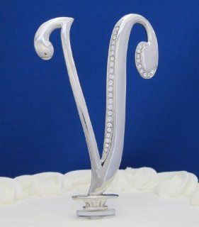 Swarovski Crystal Monogram Cake Topper Silver Letter V 4 1/2 inch By PLAZA LTD Kitchen & Dining
