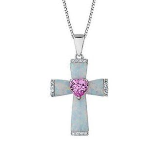 Created Opal, Pink Sapphire and Diamond Cross Pendant Jewelry