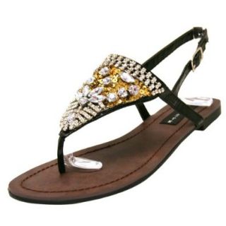 Luxury Divas Rhinestone & Sequin Bling Black Thong Sandal Flats: Shoes