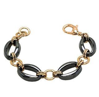 Style # CCB111 TY0 Black Oblong Ceramic & Rose Gold Plated 316L Stainless Steel Link Bracelet: Jewelry