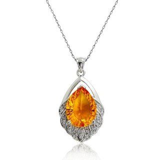 PRJewelry Golden Orange Crystal and 0.65ct CZ 18k White Gold Plated Pendant Necklace 16": Jewelry