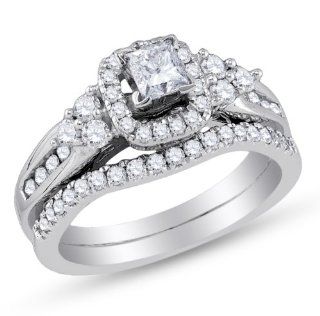 14K White Gold Princess and Round Cut Diamond Bridal Engagement Ring and Matching Wedding Band Two 2 Ring Set   Halo Prong Set Classic Traditional Solitaire Shape Center Setting   (1.13 cttw.   .38ct. Center Stone): Jewelry