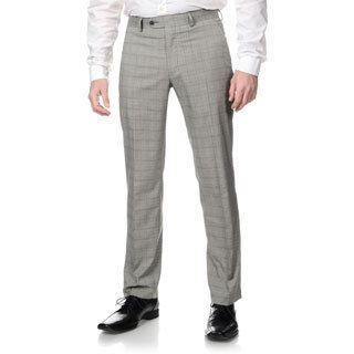 Perry Ellis Mens Slim Fit Grey Plaid Flat Front Dress Pants